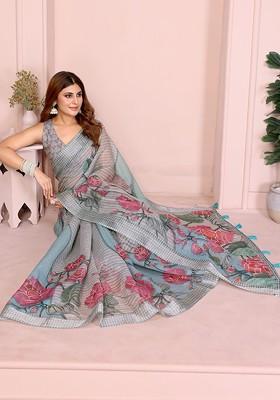 Grey Embroidered Blended Saree Set