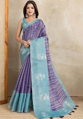 Purple Embroidered Blended Saree Set