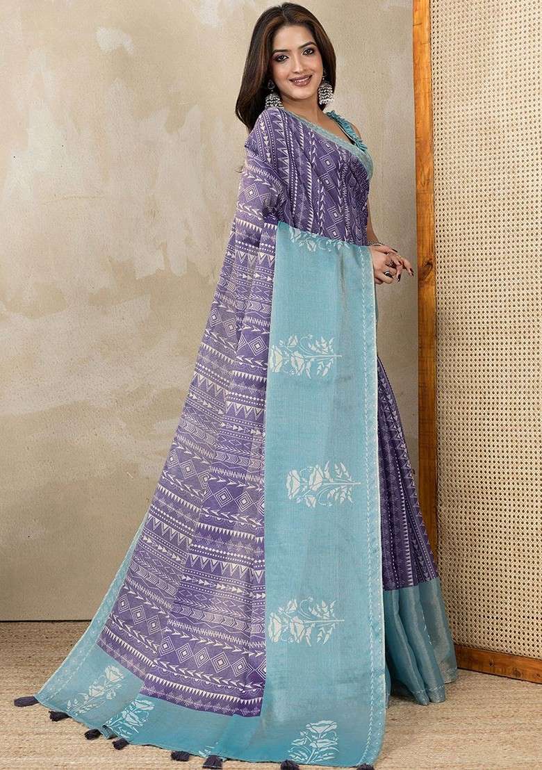 Purple Embroidered Blended Saree Set - Indya