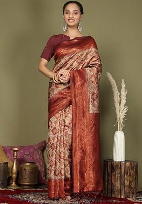 Beige Embroidered Blended Saree Set