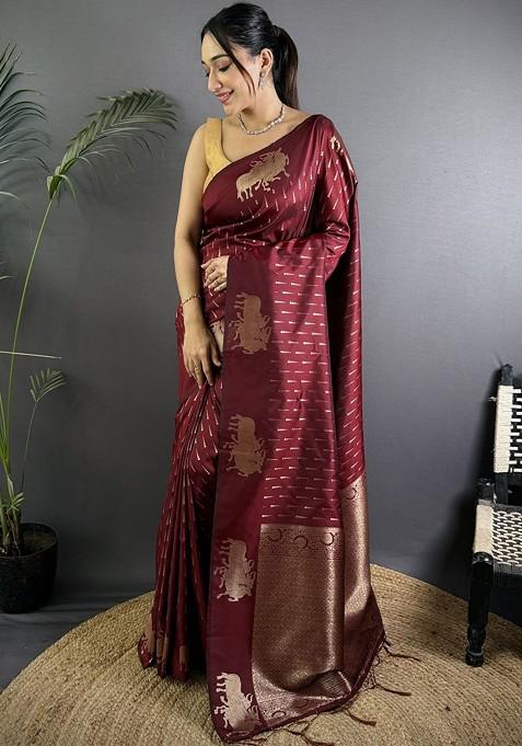 Maroon Embroidered Blended Saree Set