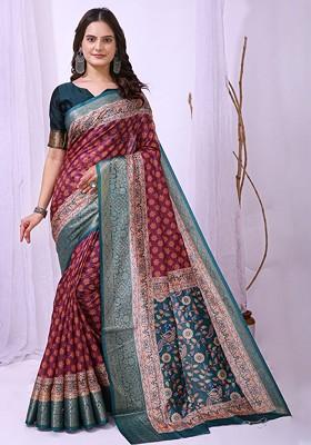 Purple Embroidered Blended Saree Set