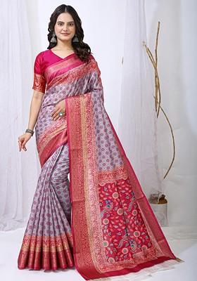 Purple Embroidered Blended Saree Set