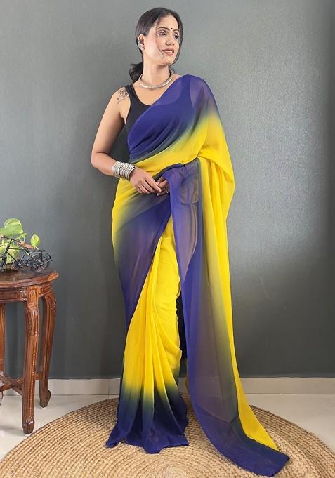 Yellow Printed Blended Saree Set
