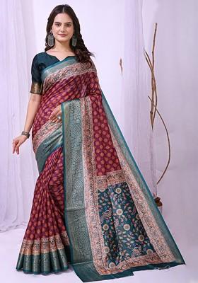 Maroon Printed Blended Saree Set