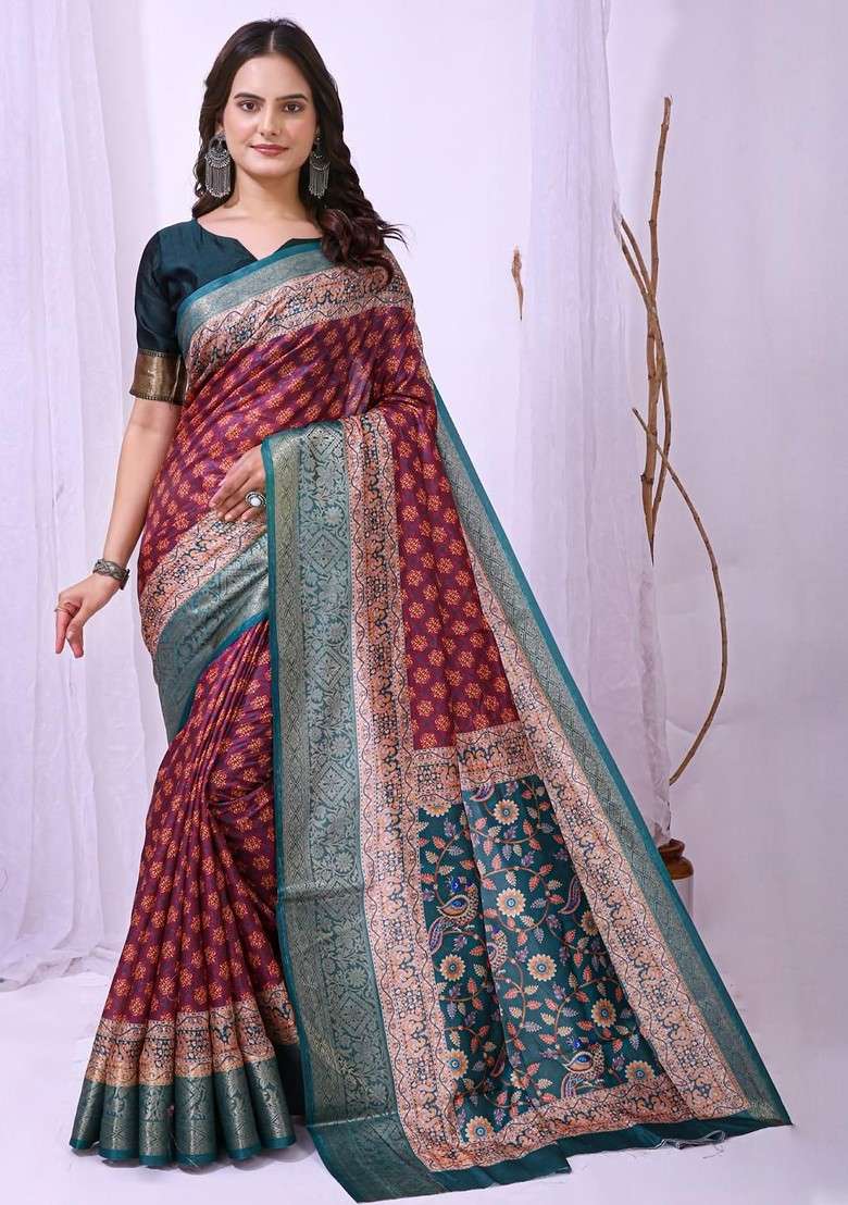 Maroon Printed Blended Saree Set - Indya