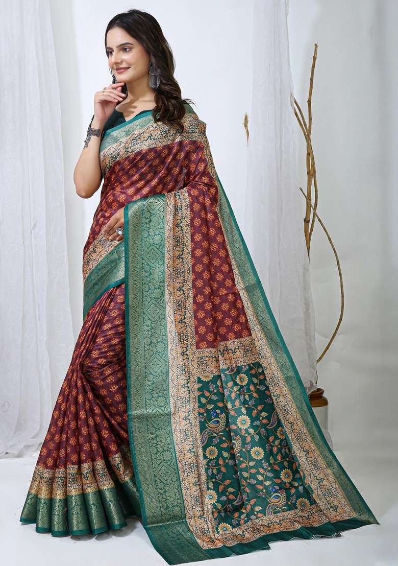 Maroon Printed Blended Saree Set - Indya