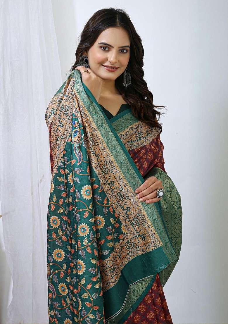 Maroon Printed Blended Saree Set - Indya