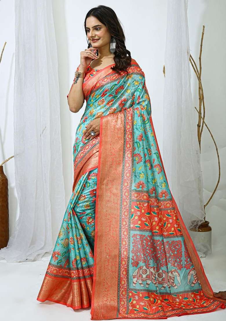 Sea Green Printed Blended Saree Set - Indya