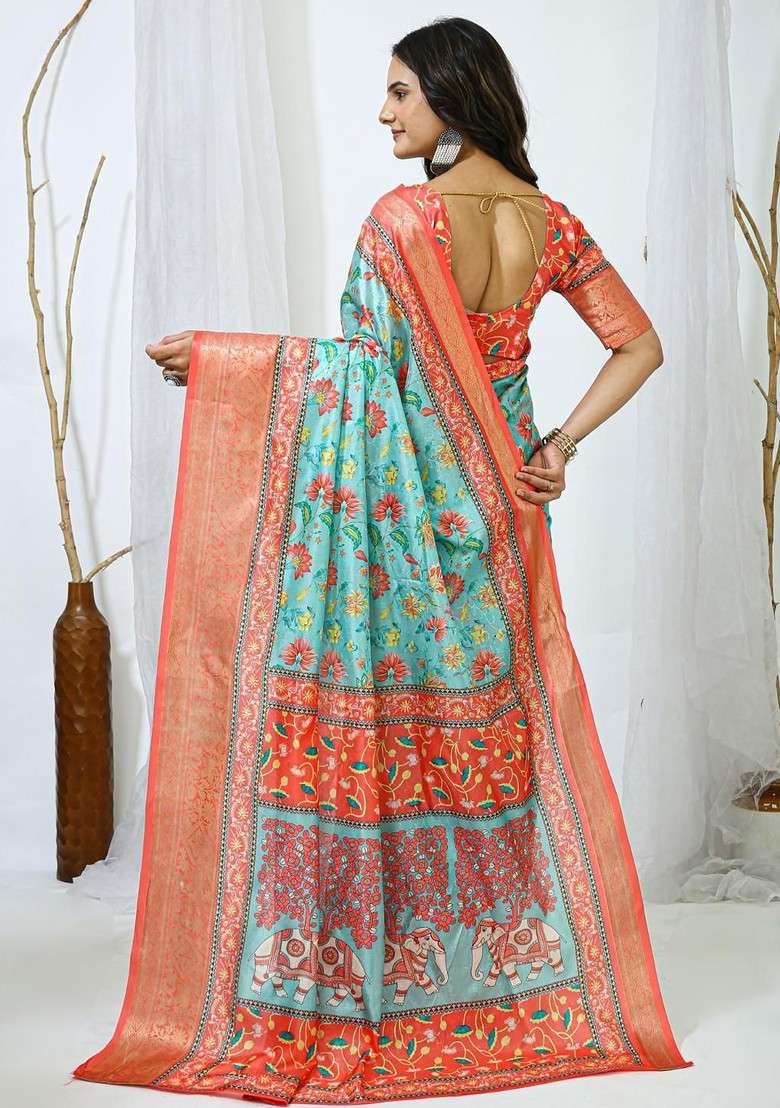 Sea Green Printed Blended Saree Set - Indya