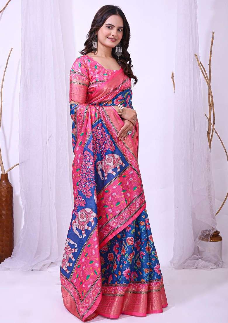 Turquoise Blue Printed Blended Saree Set - Indya