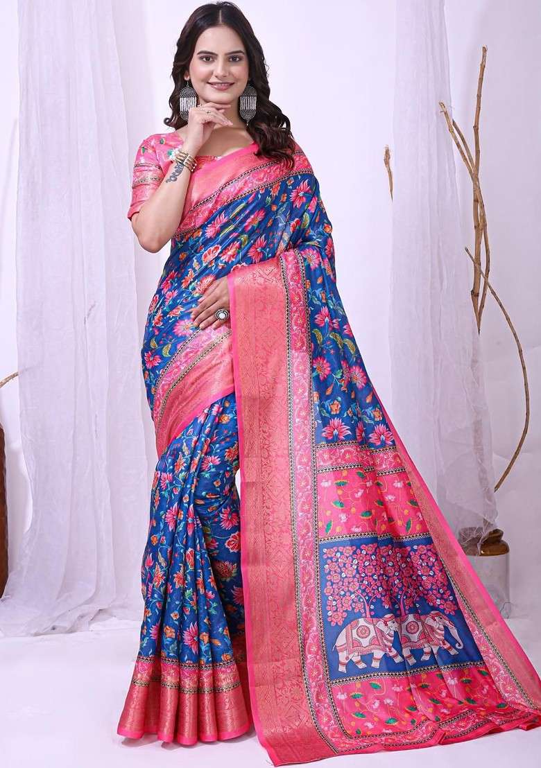 Turquoise Blue Printed Blended Saree Set - Indya