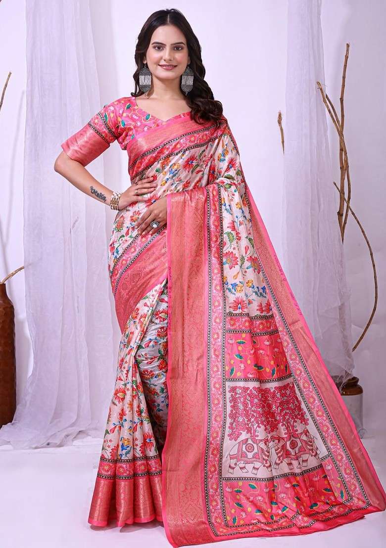 Off White Printed Blended Saree Set - Indya