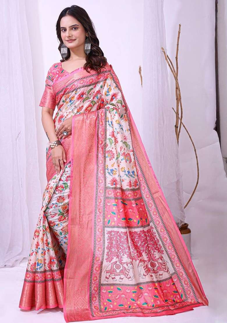 Off White Printed Blended Saree Set - Indya