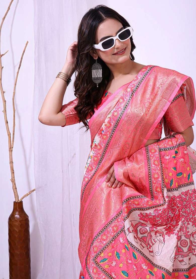 Off White Printed Blended Saree Set - Indya