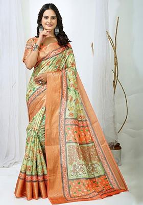 Lime Green Printed Blended Saree Set