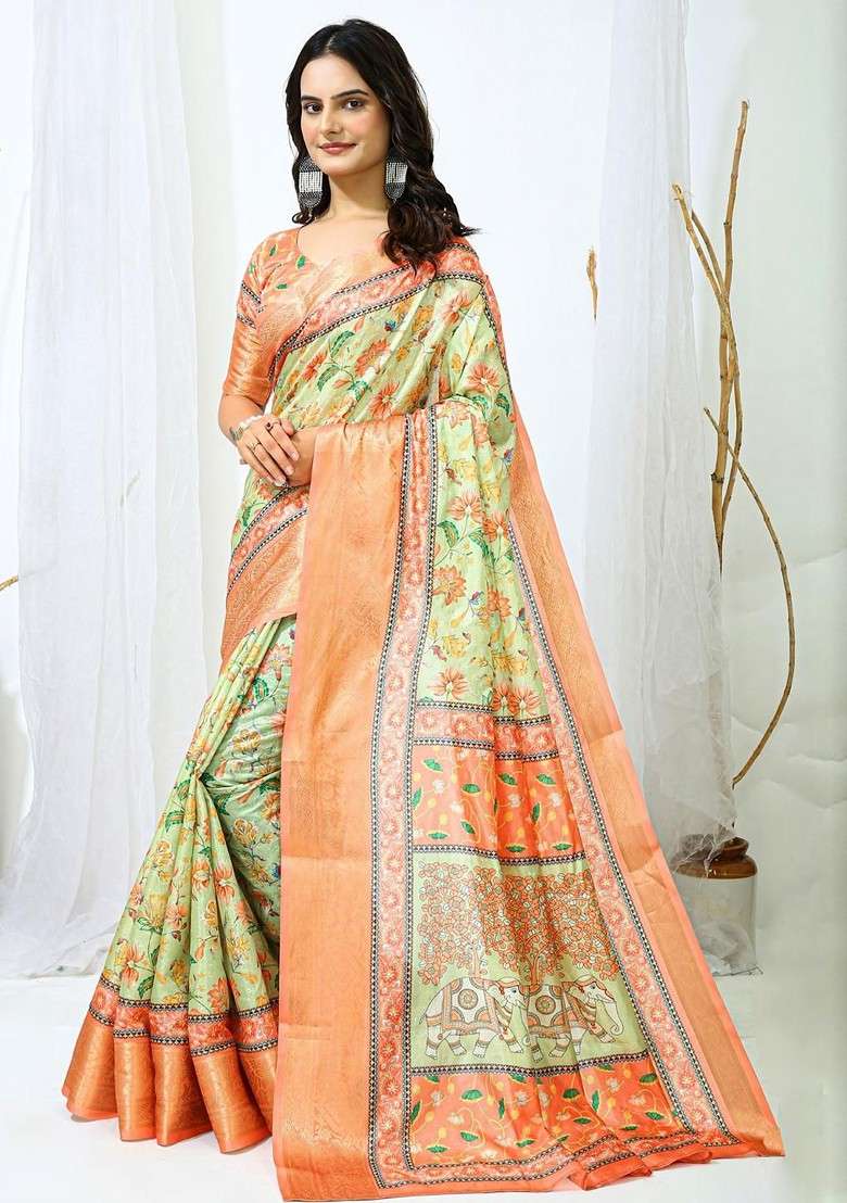 Lime Green Printed Blended Saree Set - Indya