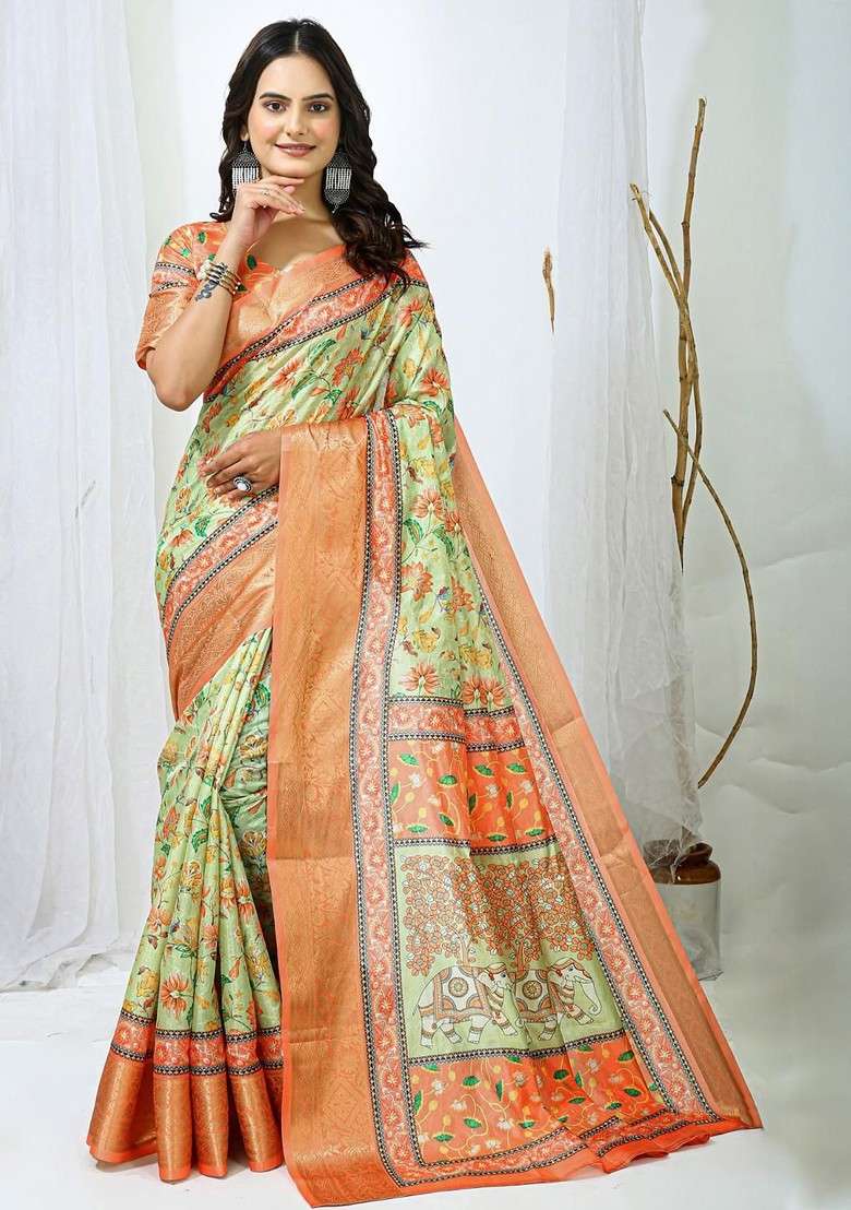 Lime Green Printed Blended Saree Set - Indya