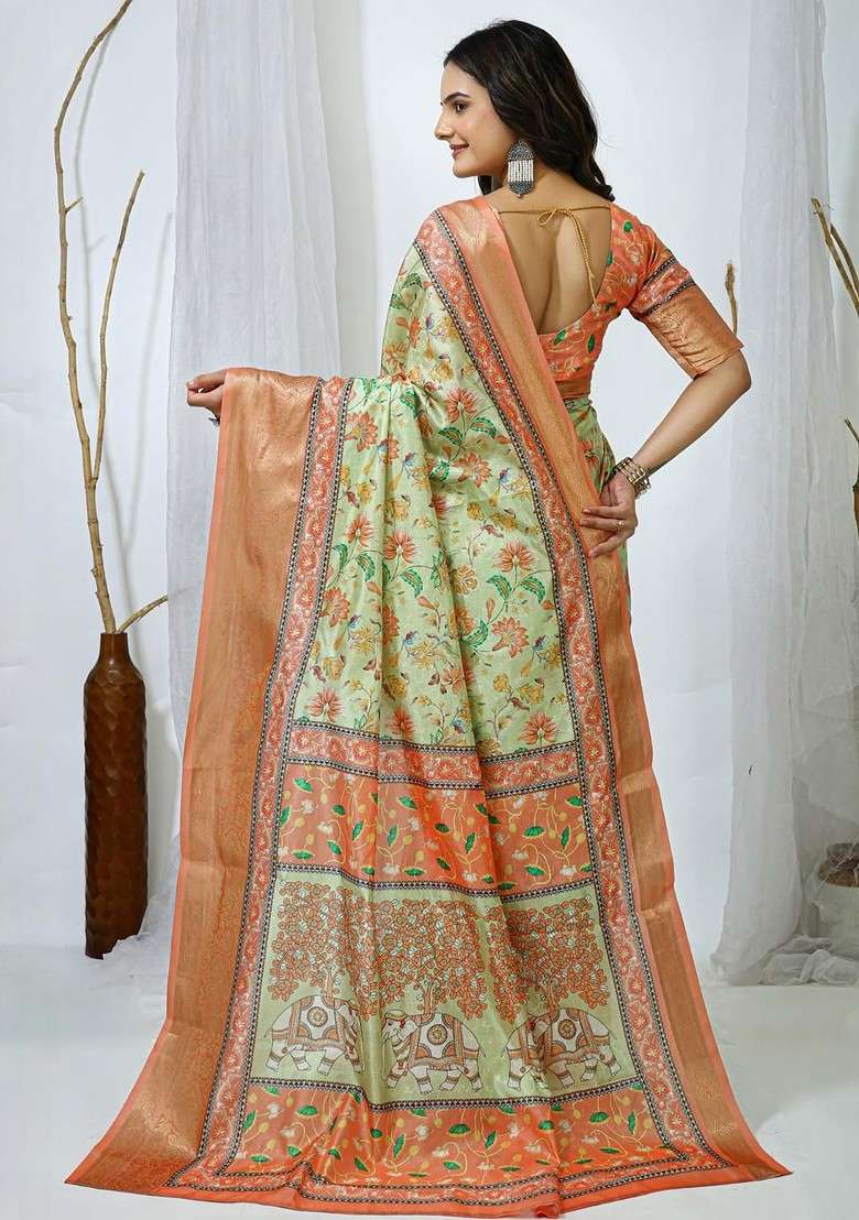 Lime Green Printed Blended Saree Set - Indya