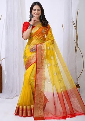 Yellow Embellished Blended Saree Set