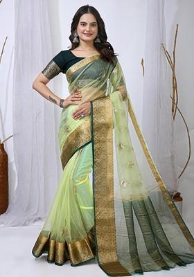 Green Embellished Blended Saree Set