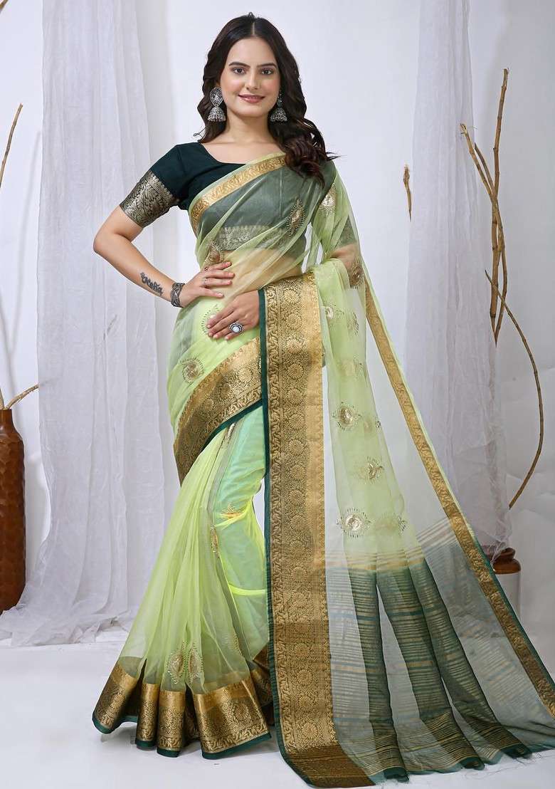 Green Embellished Blended Saree Set for Diwali and Festive Wear - Indya