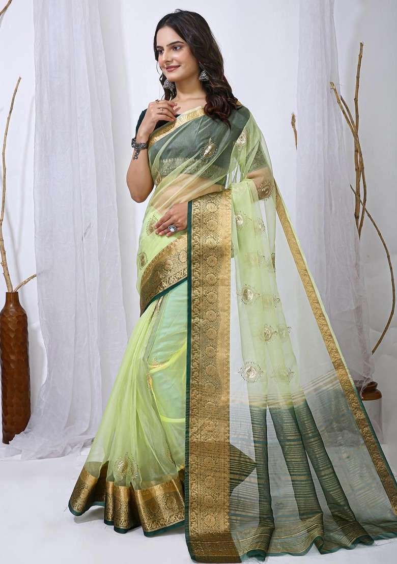 Green Embellished Blended Saree Set for Diwali and Festive Wear - Indya