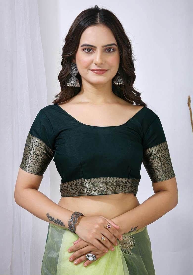Green Embellished Blended Saree Set for Diwali and Festive Wear - Indya