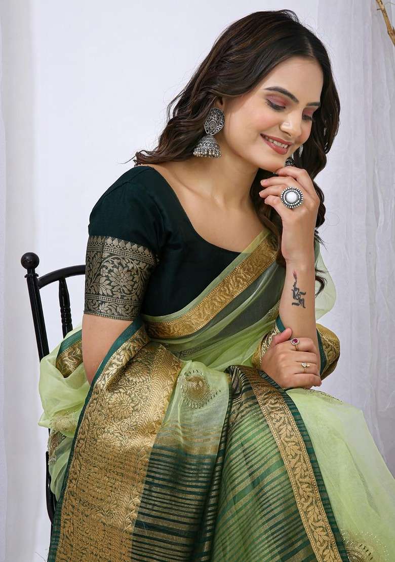 Green Embellished Blended Saree Set for Diwali and Festive Wear - Indya
