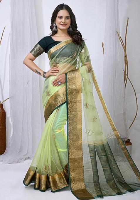 Green Embellished Blended Saree Set