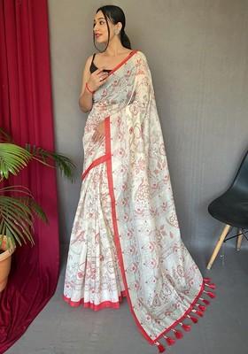 Red Printed Blended Saree Set