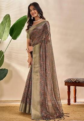Brown Embroidered Blended Saree Set