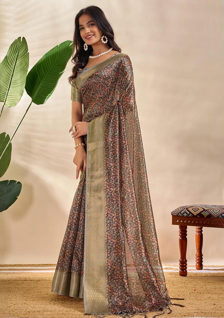 Brown Embroidered Blended Saree Set - Indya