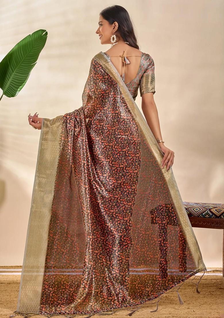Brown Embroidered Blended Saree Set - Indya