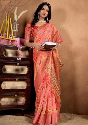 Pink Embroidered Blended Saree Set