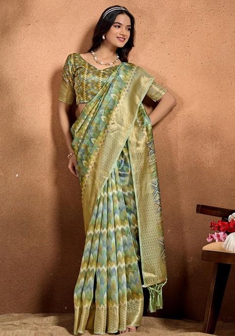 Green Embroidered Blended Saree Set