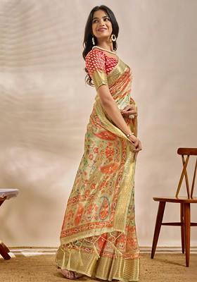 Cream Embroidered Blended Saree Set