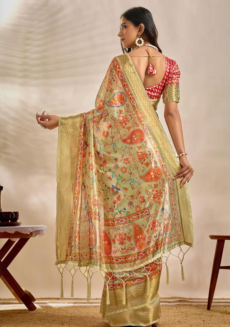 Cream Embroidered Blended Saree Set - Indya