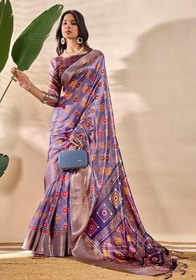 Purple Embroidered Blended Saree Set