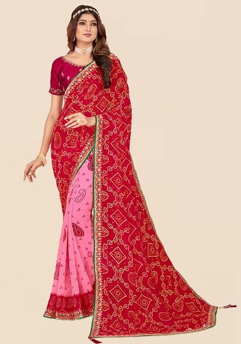 Pink Printed Blended Saree Set