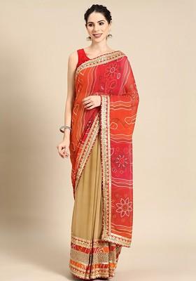 Beige Printed Blended Saree Set