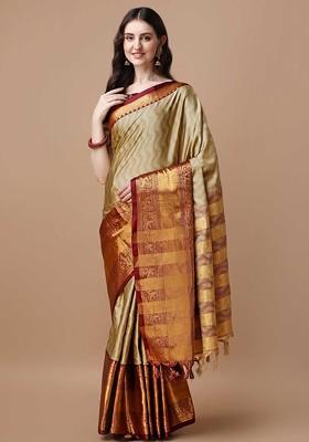 Beige Embroidered Blended Saree Set