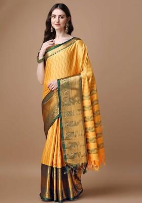 Yellow Embellished Blended Saree Set