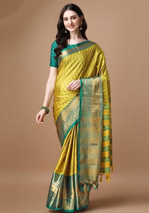 Olive Embroidered Blended Saree Set