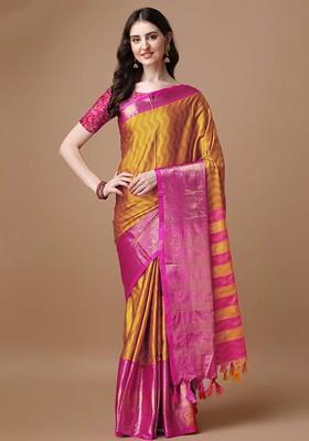 Mustard Embroidered Blended Saree Set