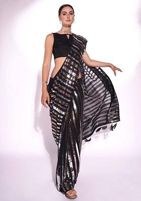 Black Embellished Blended Saree Set