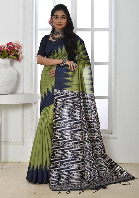 Green Printed Blended Saree Set