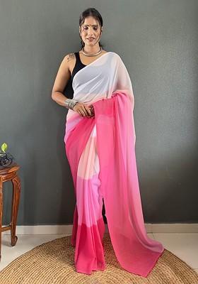 White Printed Blended Saree Set