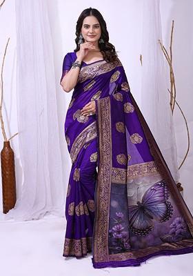 Purple Embroidered Blended Saree Set