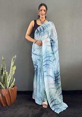 Blue Embroidered Blended Saree Set